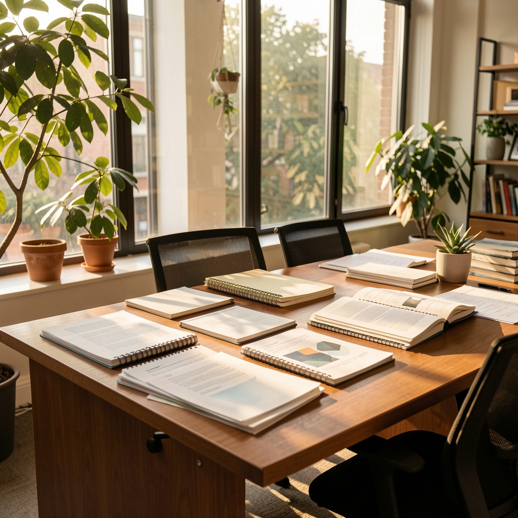 Notebook open on a wooden desk in natural daylight with handwritten field notes and a glass of water beside botanical specimens