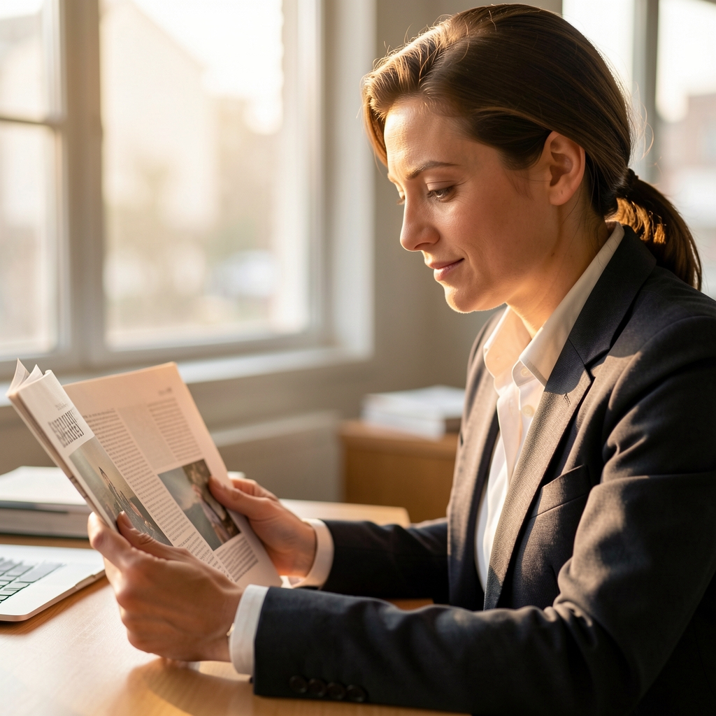 Editorial portrait of a research correspondent photographed in profile at a desk, reviewing printed journal pages in warm afternoon office light