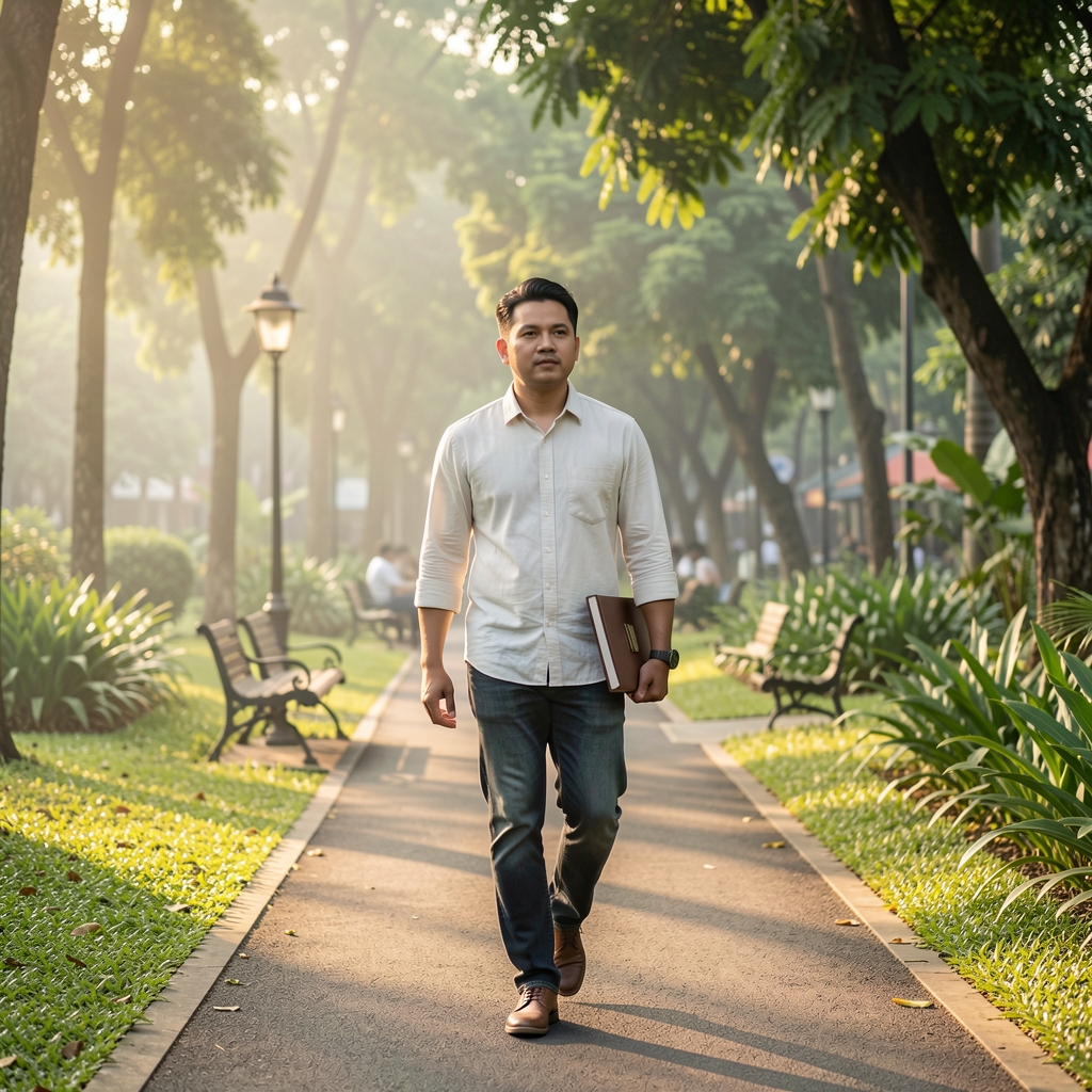 Outdoor scene with a man walking through a Jakarta park in early morning light, notebook under arm, natural green surroundings, calm atmosphere