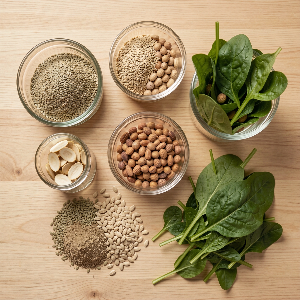 Overhead flat lay of mineral-rich whole foods including seeds, legumes, leafy greens and glass containers on a clean wooden kitchen counter in natural daylight