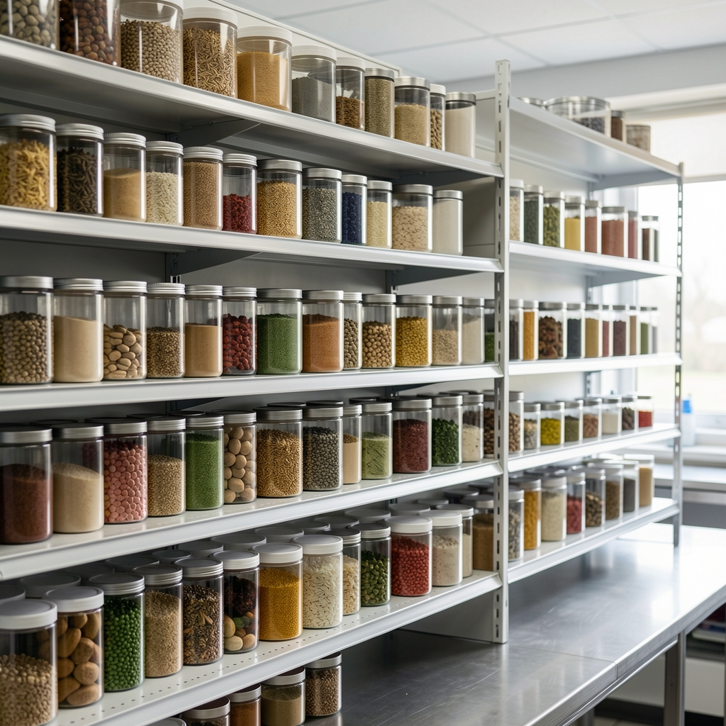 Rows of ingredient containers on shelves in a clean workspace with controlled lighting